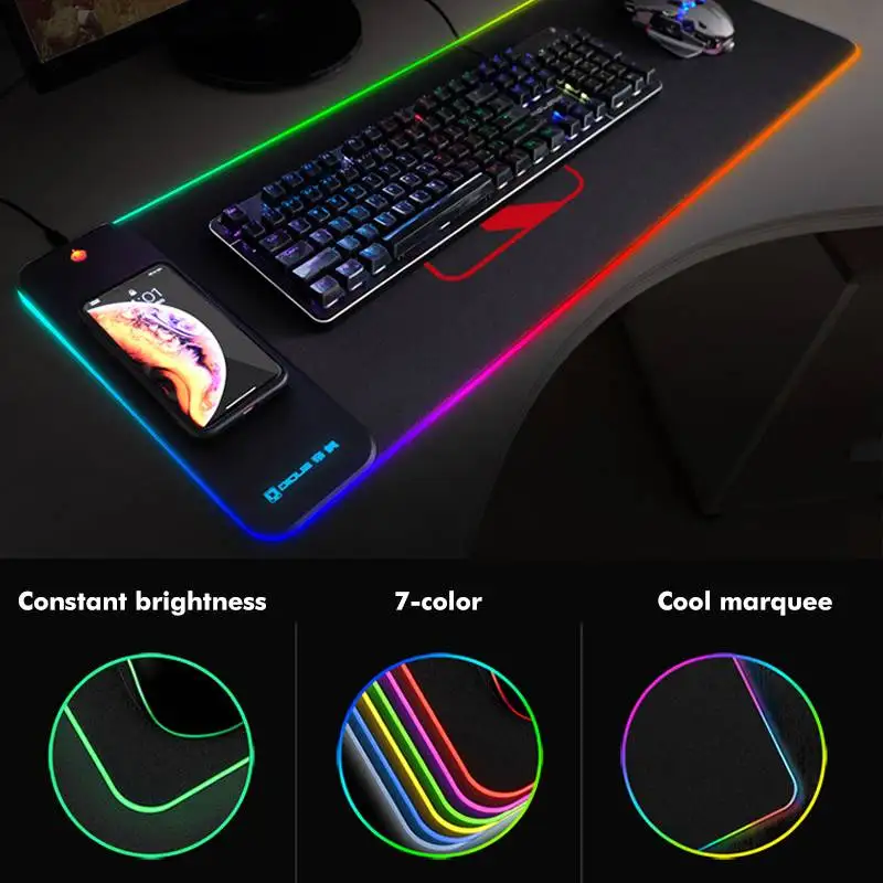 Светодиодный RGB зарядный коврик для мыши USB Проводное освещение Беспроводная зарядка функция коврик для мыши с противоскользящим резиновым основанием