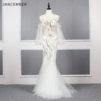 

JANCEMBER платья для выпускного вечера Beading Crystal Pattern Lace Sequined O-Neck Off the Shoulder Mermaid prom dresses