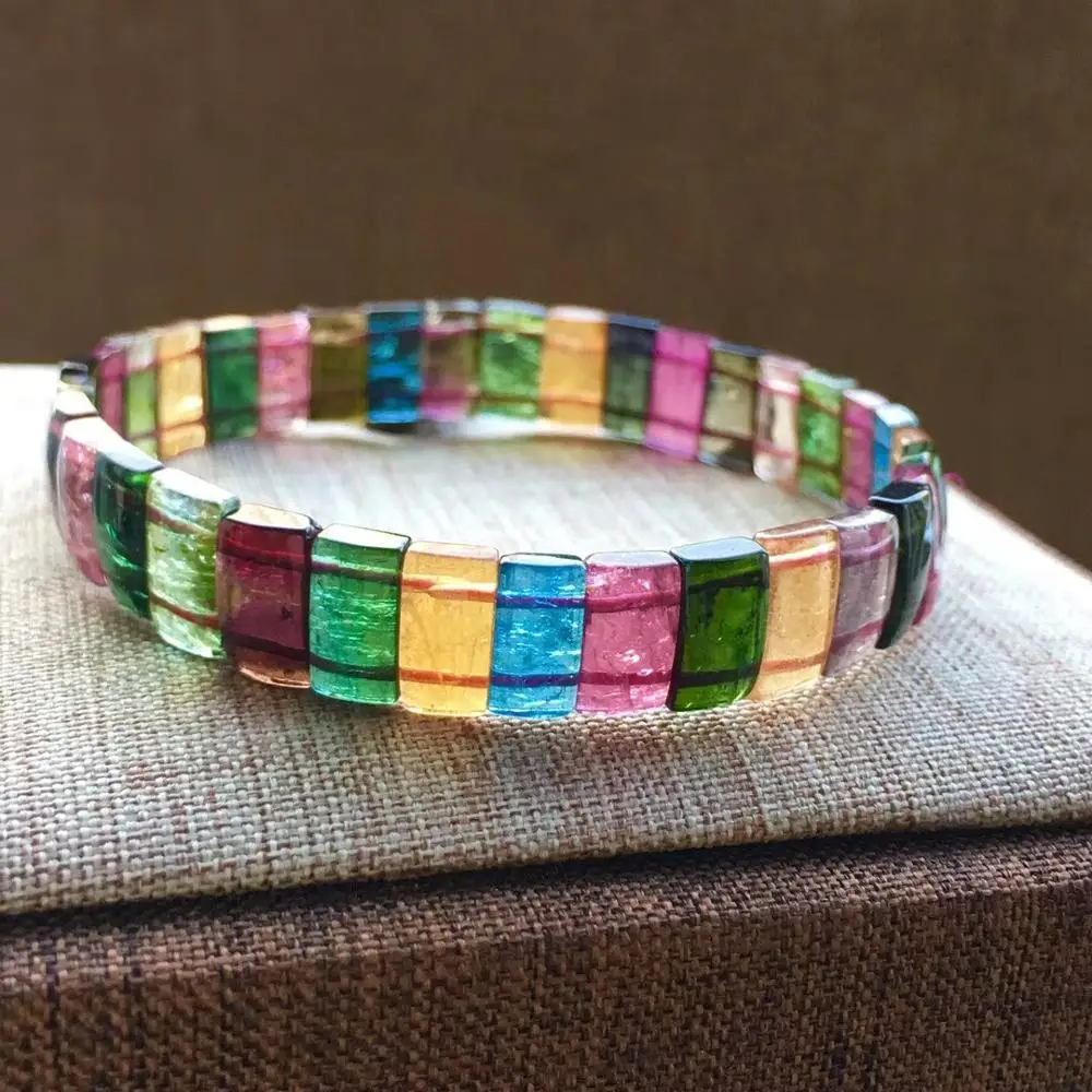 

Top Quality Natural Colorful Tourmaline Rectangle Beads Gemstone Bracelets Women Female 10x6mm Crystal Bangle AAAAA