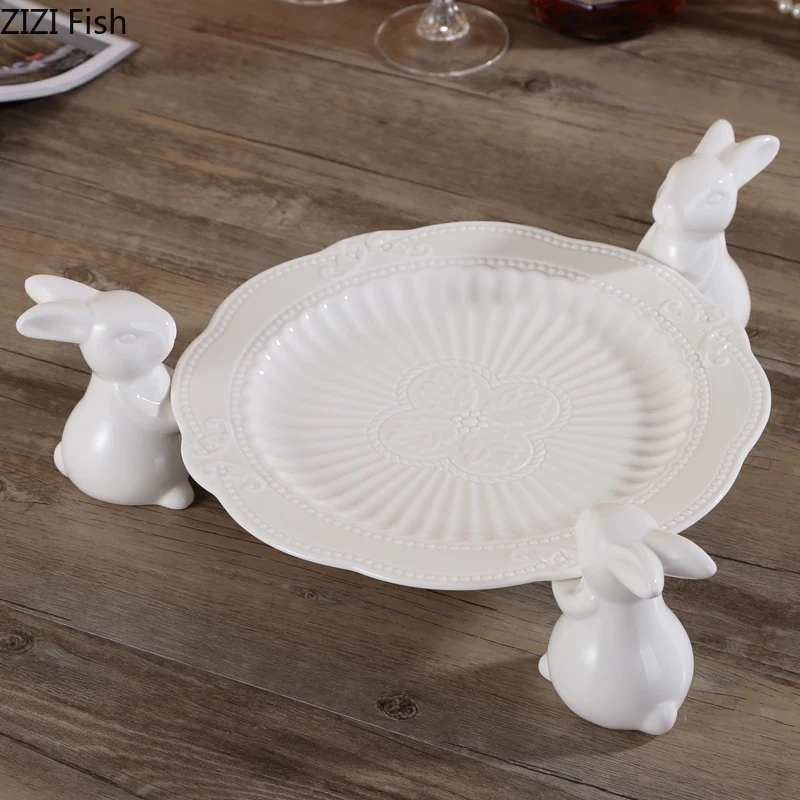 

European Style White Rabbit Ceramics Fruit Plate Wedding Dessert Display Stand Restaurant Tableware Decoration Tool