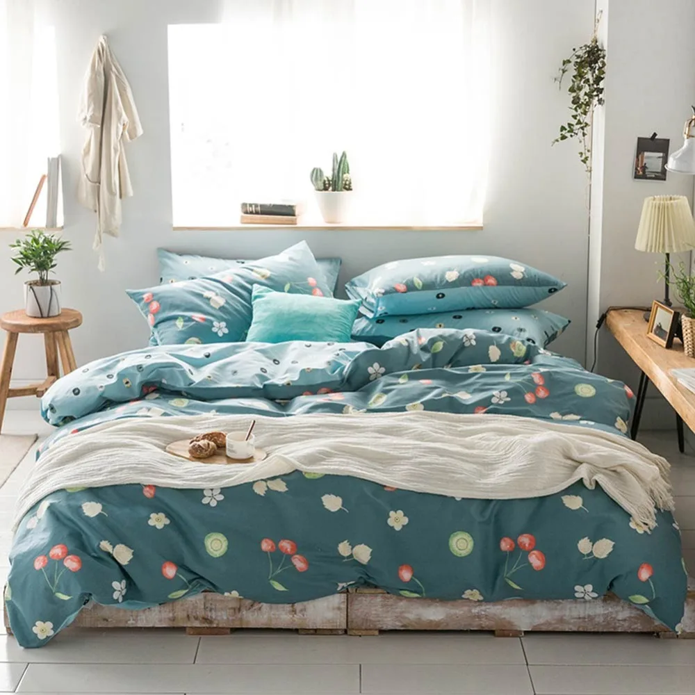 

2019 Dark Green Cherry Flowers Scandinavian Cotton Bedlinens 3/4pcs Bedding Set Twin Queen Customize Size Bedsheet Pillowcases