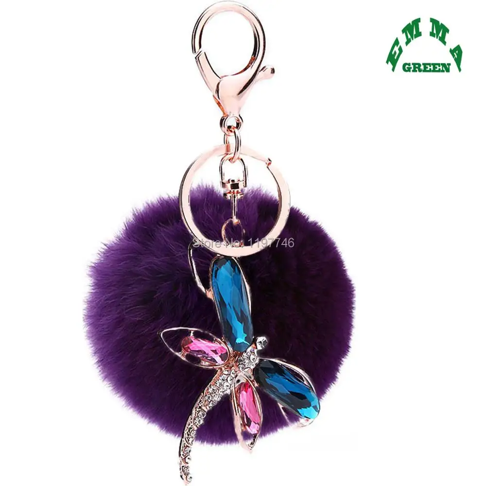 

Dragonfly Women Accessories Rhinestone Crystal Car Keychain Prom Bag Charm with Big Rabbit Fur Ball Key Ring Kawaii Gift