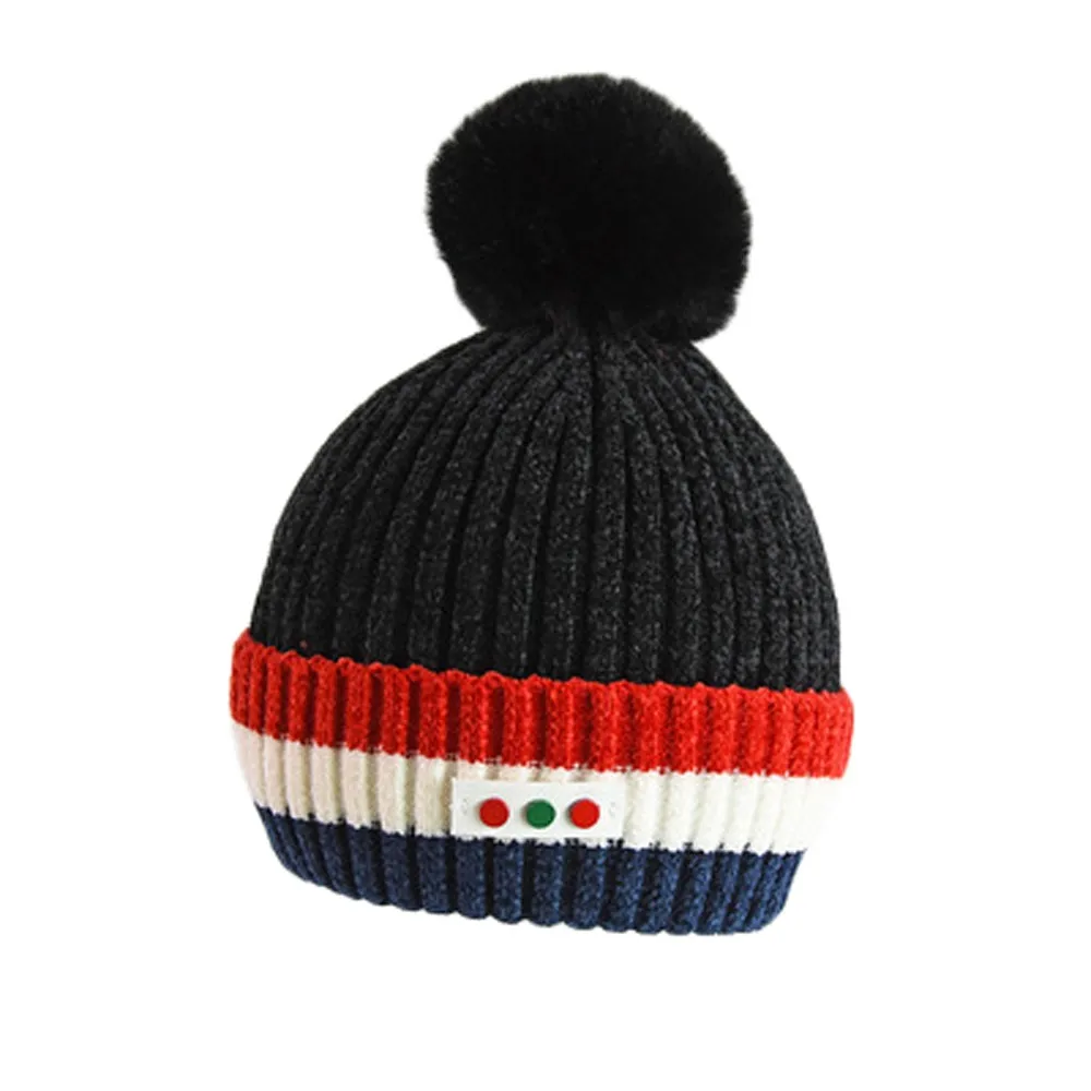 Милая детская зимняя шапка для новорожденных мальчиков и девочек, ботиночки с помпончиками, сохраняющие тепло, зимний меховой вязаный шарик, шерсть, конопляющая шапка L925 - Цвет: Black