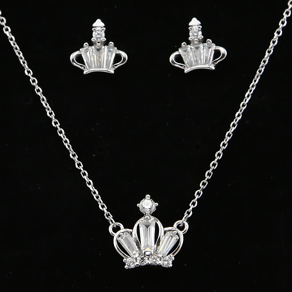 

TrinketSea Crown Pendant 925 Sterling Silver Bridal Jewelry Sets Necklace And Earrings Set Cubic Zirconia Silver Chain Wedding