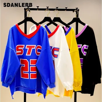 

Big Size Letters Print Top Female V Collar Long Sleeve Loose T-shirt Spring Autumn Student Girls Pullover Tee Shirts Sweatshirts