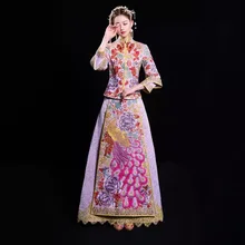 Lilac embroidery peacock style formal dress wedding cheongsam costume bride vintage Chinese traditional Tang suit Qipao