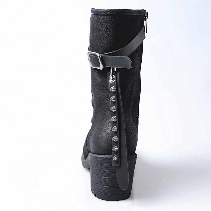 Prova Perfetto new genuine leather do old short boots women rivet stud belt buckle high heel motorcycle boots mujer zapatos