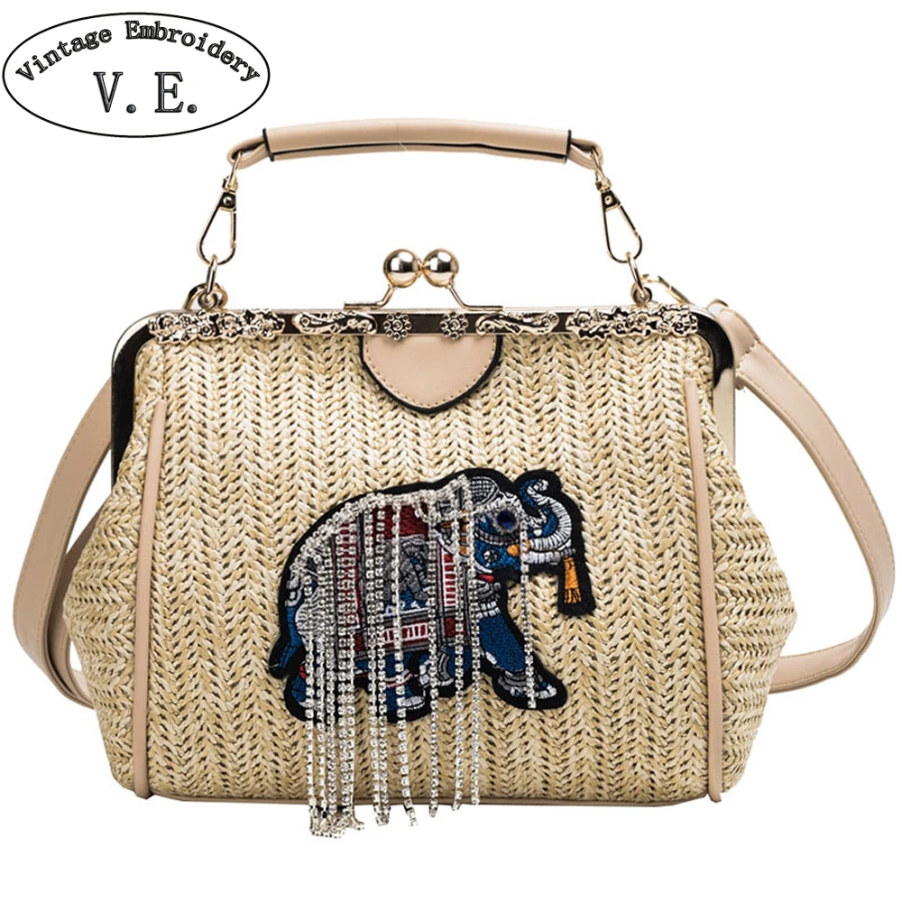 

Woven Beach Bag Female 2019 New Straw Bag Elephant Embroidered Taasel Chain Fashion Metal Folder Bag Shoulder Messenger Bags