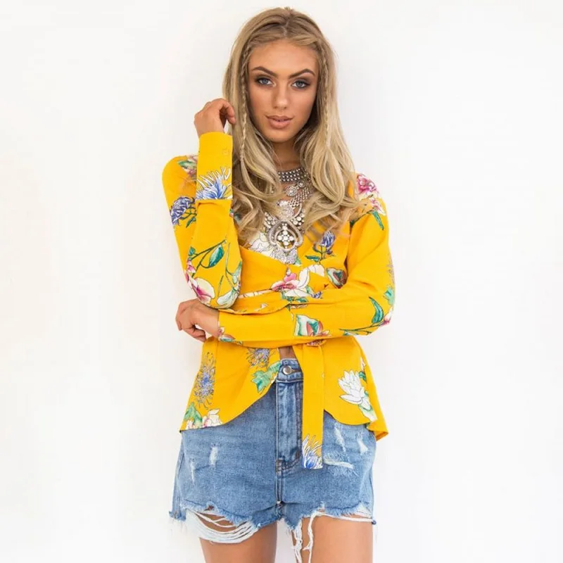 Lossky Floral Striped V Neck Lace-Up Blazer Feminino Autumn Long Sleeve Shirts Fashion Women Blazer Jackets Coat Officewear Tops