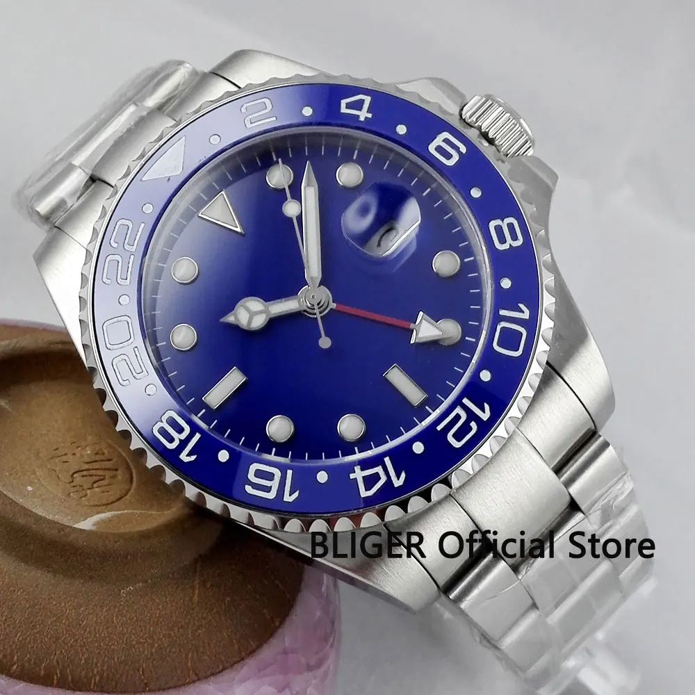 

Solid BLIGER 43MM Blue Sterile Dial Ceramic Bezel Clock GMT Function Sapphire Automatic Movement Men's Watch Luminous Marks B297
