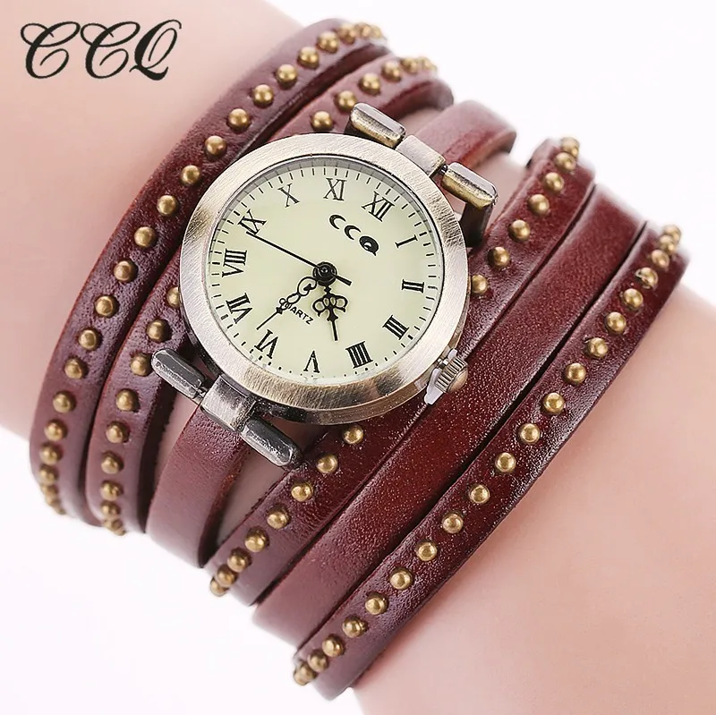 CCQ Винтаж Кожаный браслет с заклепками часы модные женские кварцевые часы Reloj Mujer Relogio Feminino