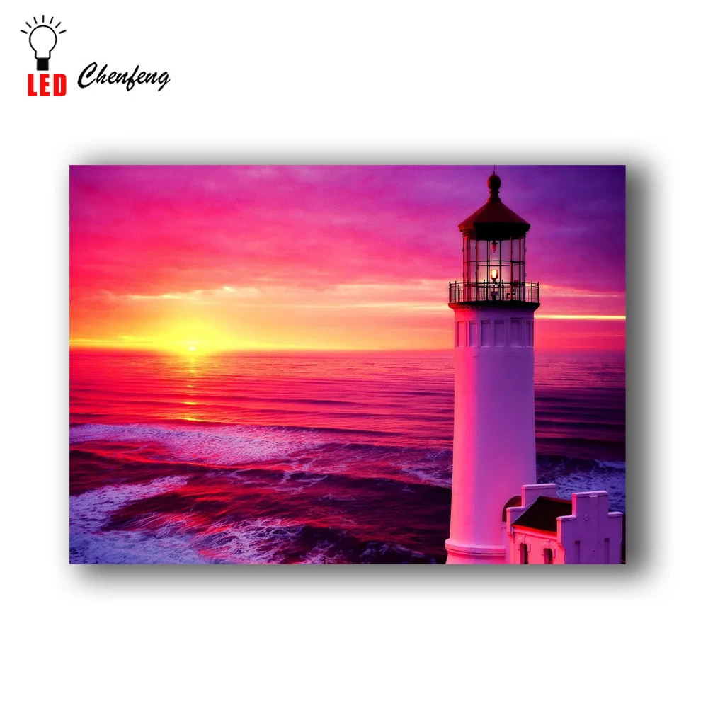 Lighted Canvas Paint Lighthouse Print Led Wall Art Sea Beach Sunset