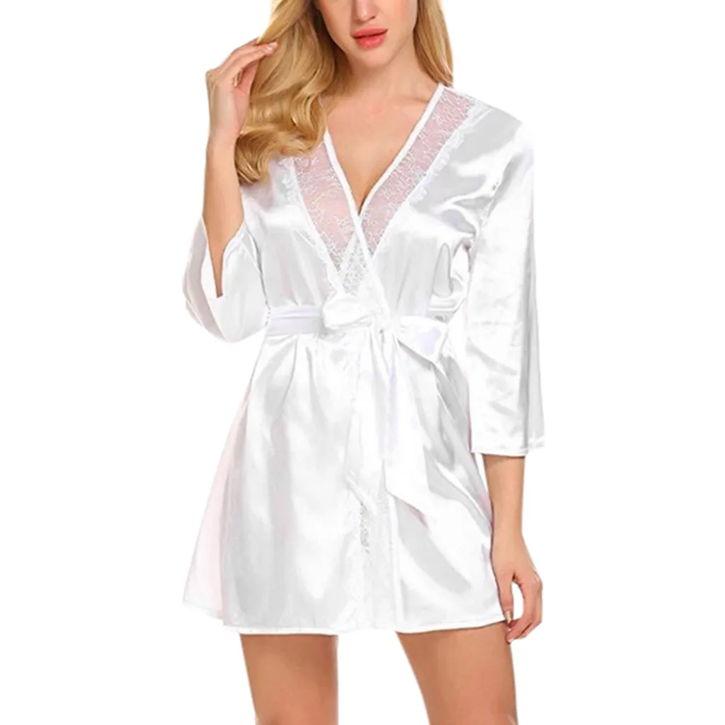 

Autumn Beach style Women Satin Nightdress Silk Lace Lingerie Nightgown Sleepwear Sexy Robe Soft Elegant short Nightgowns