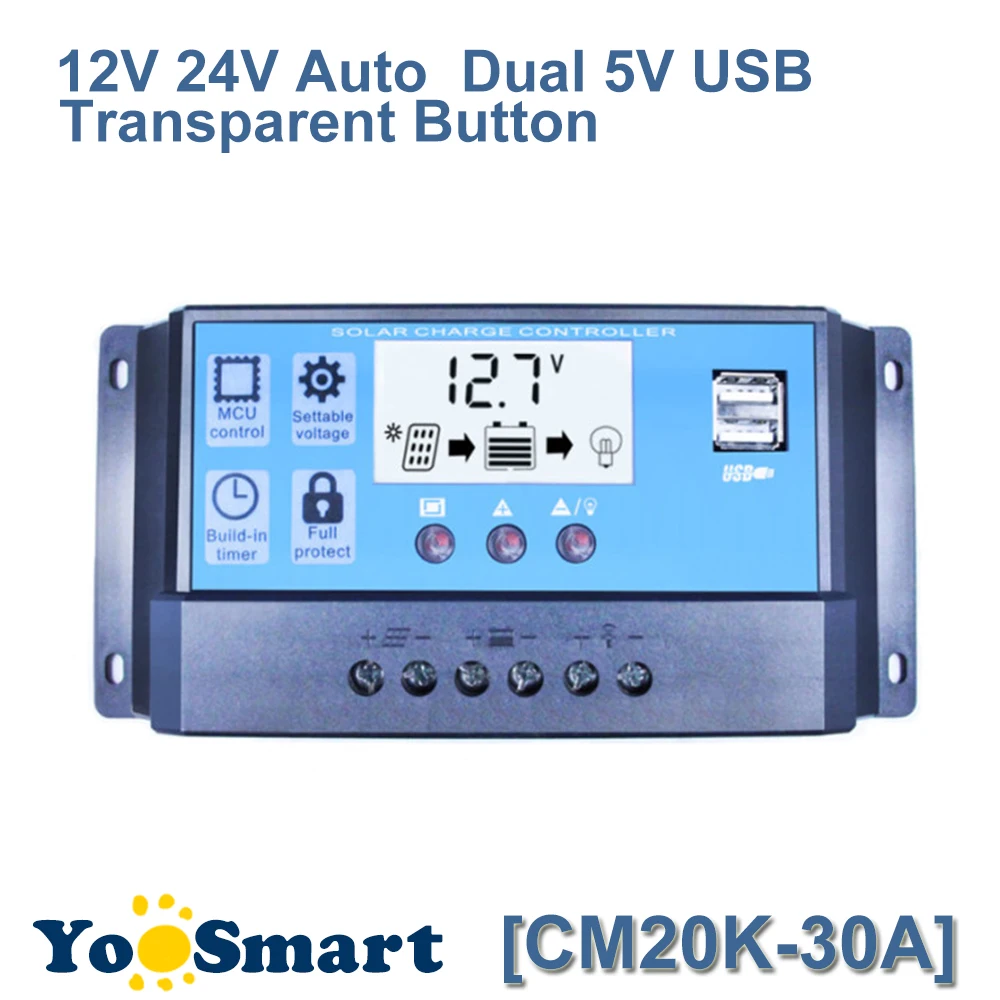 

Solar Charge Controller 30A LCD Dual USB Output 5V Mobile Charger 12V 24V Adjuatable Parameter Solar Panel Regulator CM20K-30A