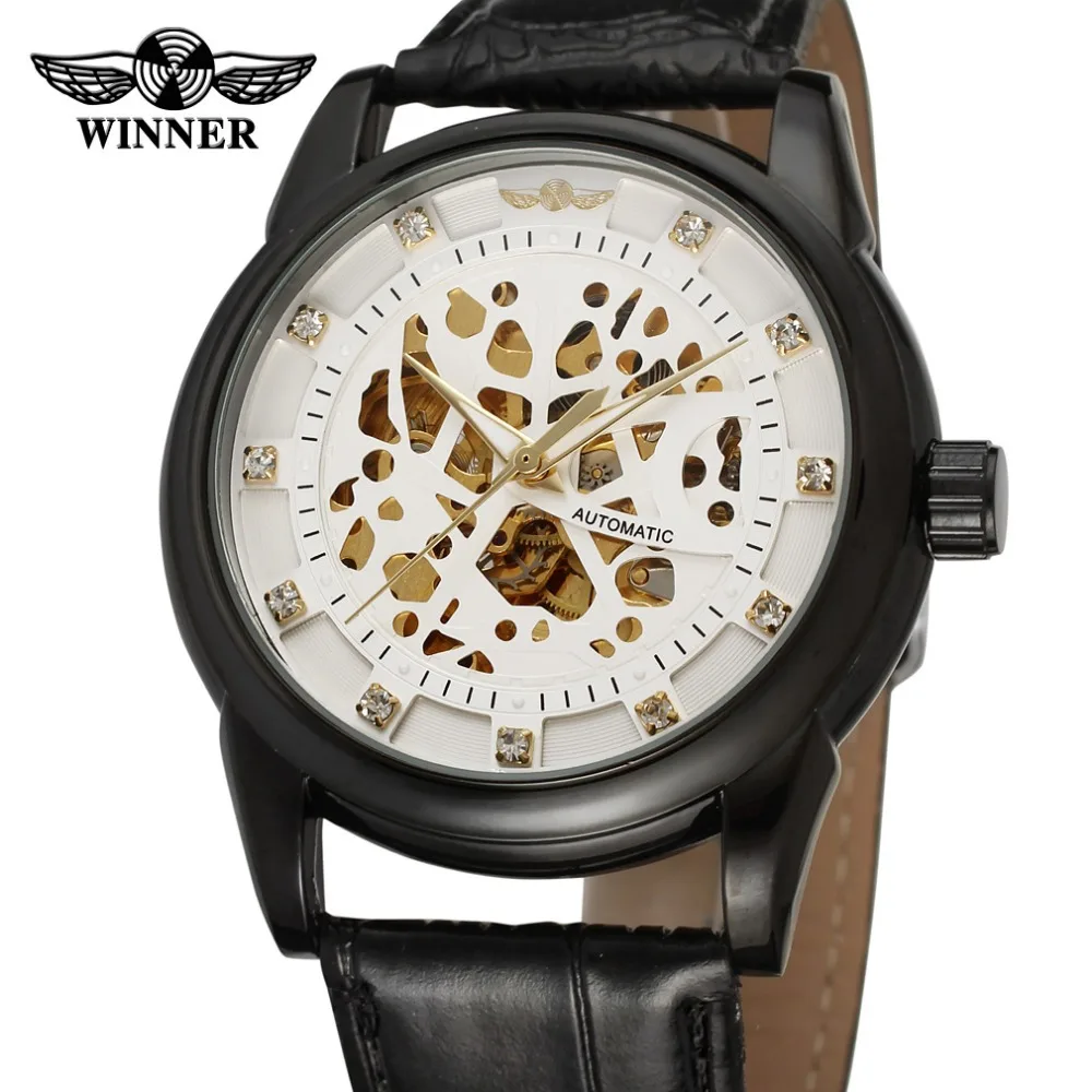 High end Men Watches Skeleton White Dial Black Bezel Genuine Leather Strap erkek saat WINNER