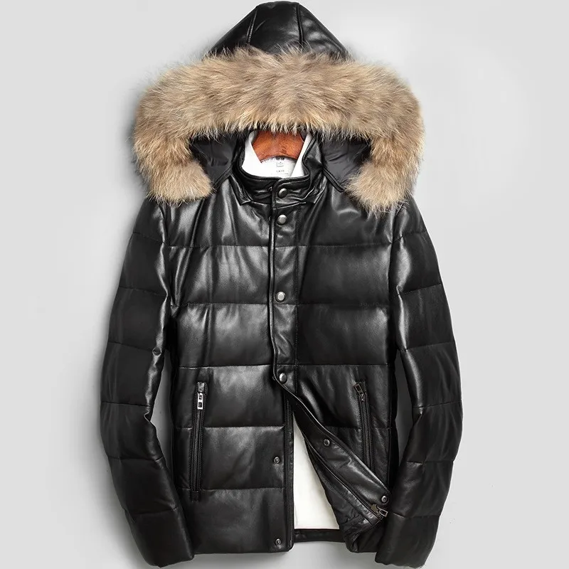 Итальянские дизайнерские пуховики из натуральной овчины, мужские куртки с капюшоном и меховым воротником размера плюс 4XL, пальто из натуральной кожи, зимняя мужская одежда - Цвет: black