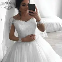 Abito sposa круглый вырез кружева аппликация со стразами свадебное платье длинный рукав