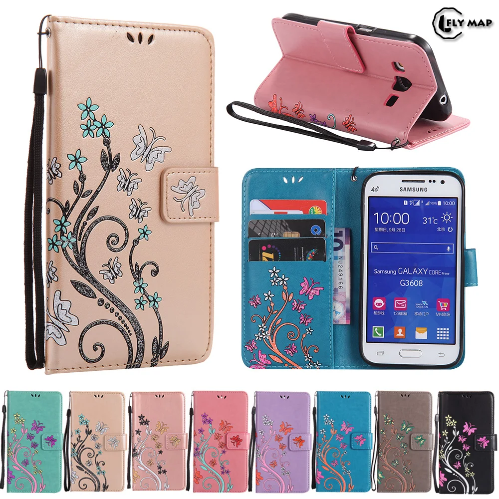 Butterfly Case for Samsung Galaxy Core Prime G360H Floral Leather Flip Cover Wallet Phone Case G360H/DS SM-G360F SM-G360H Capa