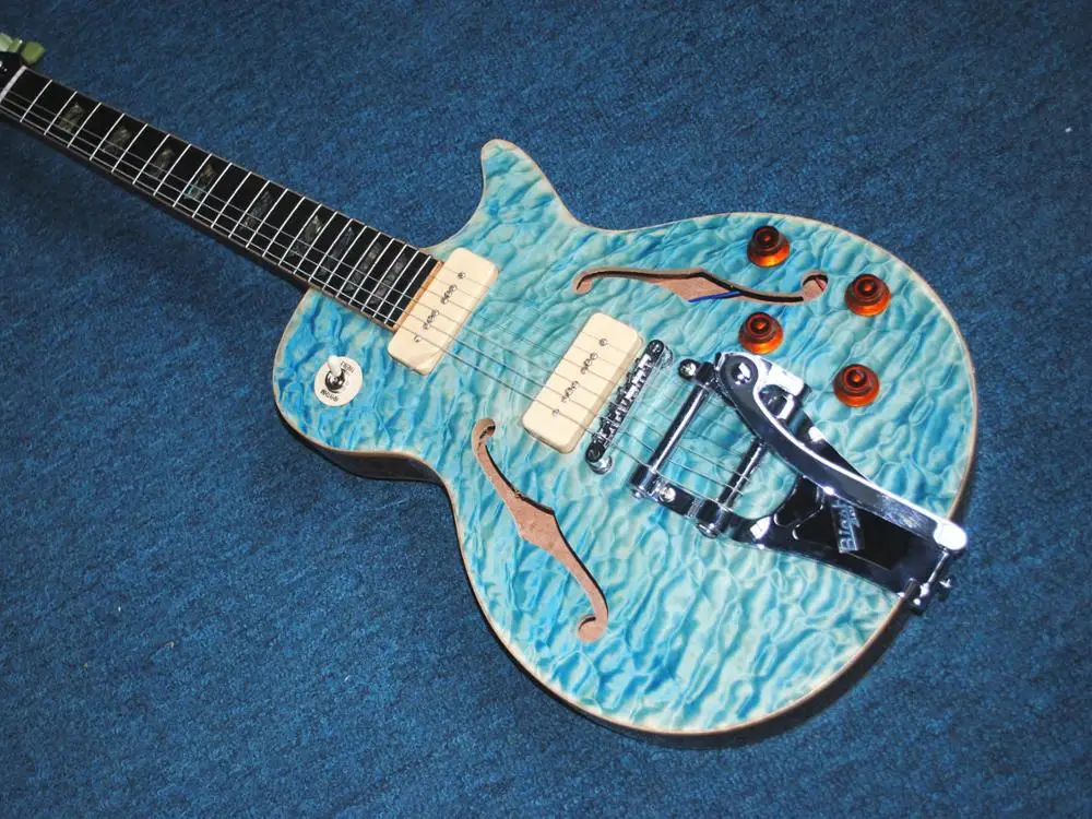 

Jazz Electric Guitar,Abalone inlay on Ebony fingerboard,Semi Hollow Body Archtop Guitar,Light blue Burst Maple top,Free shipping