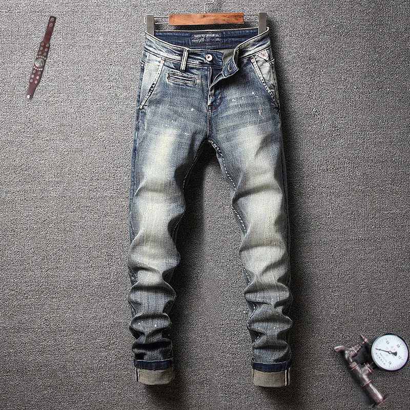 

Fashion Streetwear Men Jeans Slim Fit Retro Wash Elastic Paint Designer Printed Jeans Italian Vintage Style Hip Hop Jeans Men