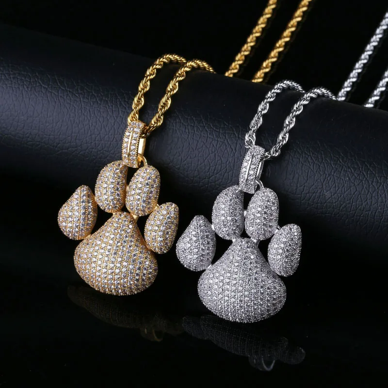 

European and American personality Hiphop dog paw print pendant micro-studded zircon men's necklace