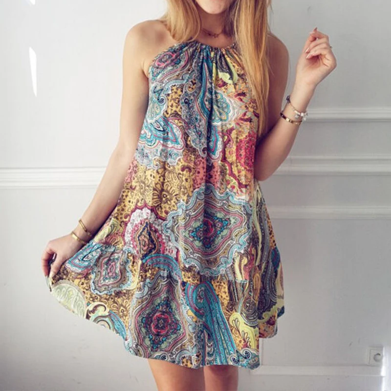 Vintage Floral Printed Boho Beach Dress Woman Casual Loose Halter Sexy Holiday Long Sundress Sleeveless Summer Dresses Vestido