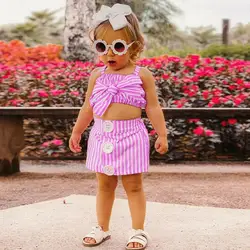 2019 детская одежда для малышей девушки полосатый бантом Boob жилетка спинки Кнопка Топы + юбки + повязки наряды детская одежда