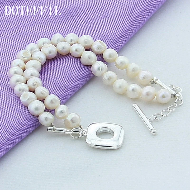 

Women Double Pearl Bracelet 925 Silver Color Chain Fashion Jewelry Imitation Pearl Plated Silver Bracelets For Women