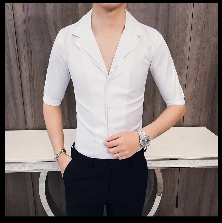 Solid Color Seven-quarter Sleeve Shirt Man Kemeja Pria Camisa Masculina Suit Collar Casual Style Half Sleeve Mens Camisa Hombre