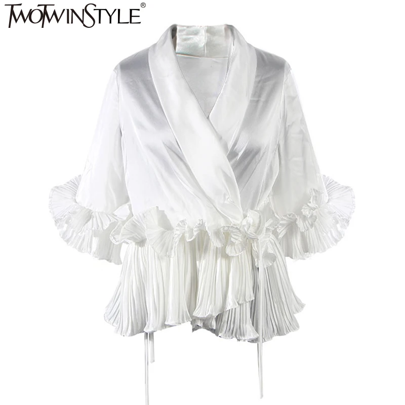 

TWOTWINSTYLE Chiffon Ruffles Lace Up Tunic Basic Shirt Coat Women OL V Neck Big Size Suits Jacket Famale White Casual Clothing