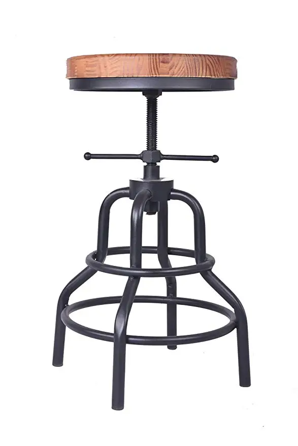 Industrial Furniture Bar Stool Seat Swiveling Wood Seat,Metal Frame Footrest Function,Height Adjustable Bar Chair