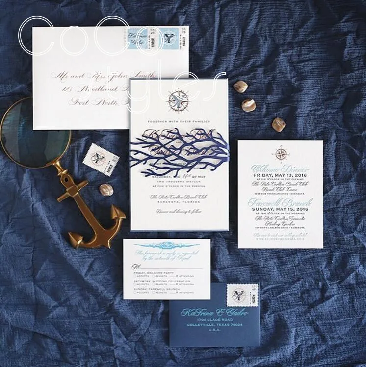  Cocostyles customized romantic coral laser cut design invitation card set with foiling printing for - 32890904447