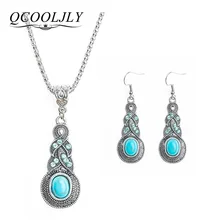 QCOOLJLY, Женские Ювелирные изделия, тибетский серебряный цвет, CZ подвеска-кристалл на цепочке, ожерелье, серьги, Набор круглых ювелирных изделий