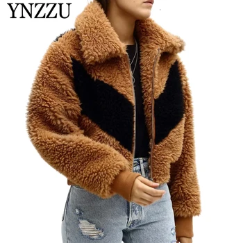 

YNZZU Women Faux Fur Coat Autumn Winter 2019 Turn down collar Loose Jacket Patchwork Zipper New arrival Short Outerwear YO881
