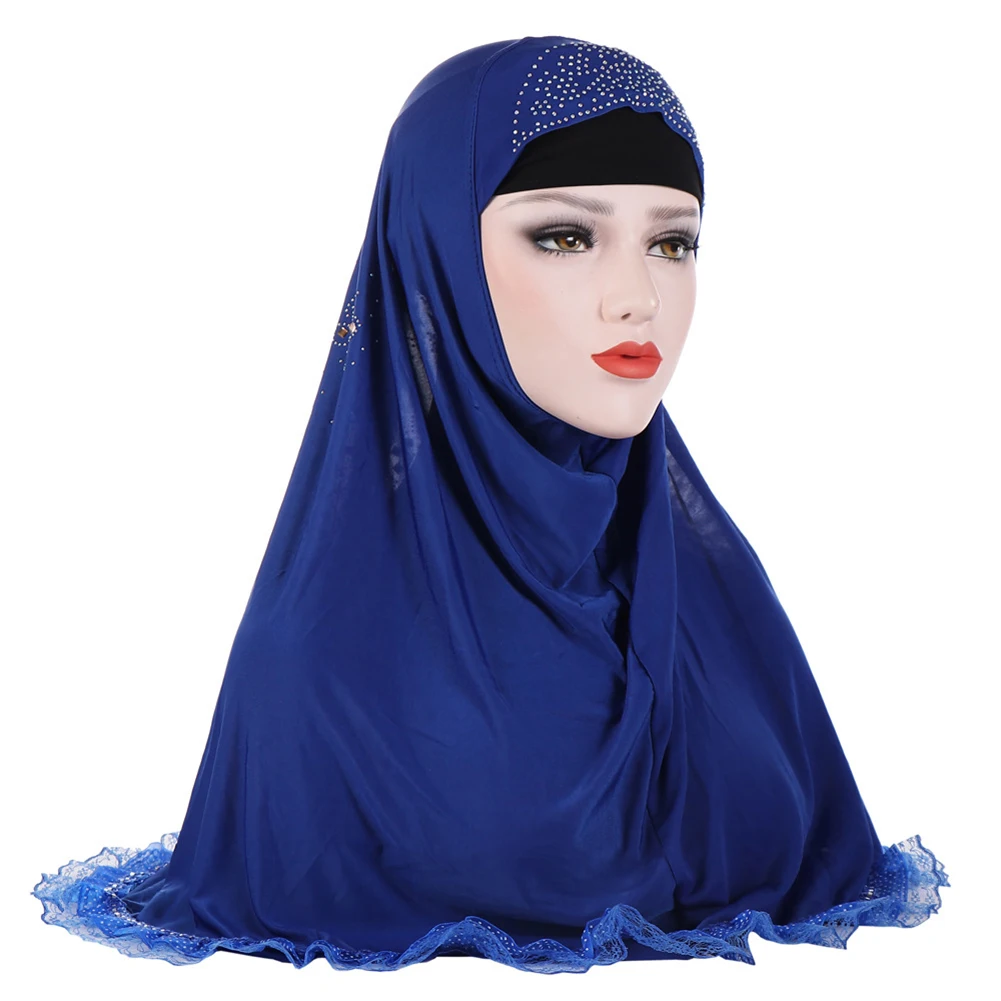 Женский сплошной цвет, стразы, кружево, мусульманский тюрбан, хиджаб, головной платок