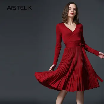 

AISTELIK Spring and autumn wear European and American sexy dress Slim long-sleeved V-neck pleated knit dress female dress.