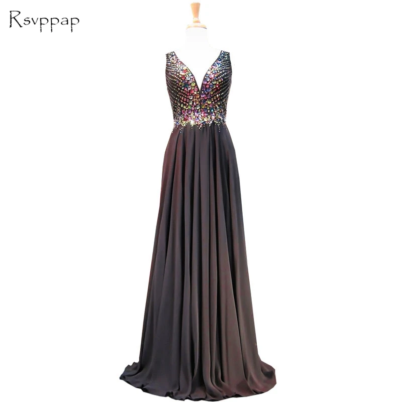 

Long Sparkly Prom Dresses 2020 Elegant V-neck Sleeveless Crystals Rhinestone African Black Chiffon Prom Dress