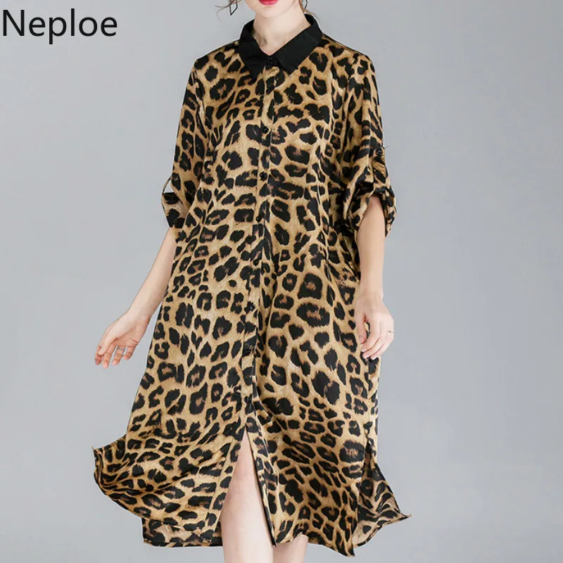 

Neploe Leopard Print Women Dress Summer 2019 New Turn-Down Collar Short Sleeve Vestidos Fashion Drawstring Sashes Dresses 44585