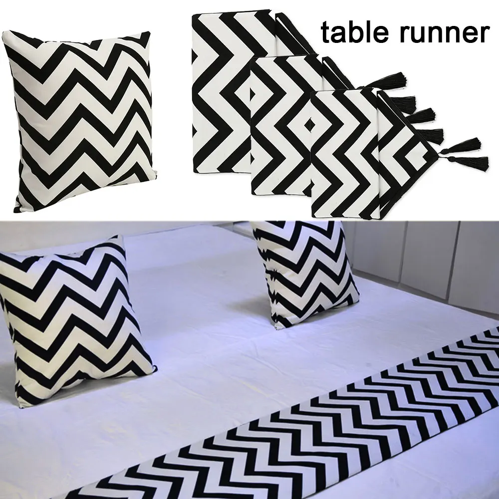 

European style black and white Wave striped table runner table cloth Table Topper hotel bed runner Home Decorations tassel