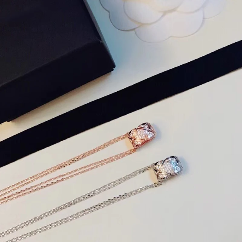 

Brand Pure 925 Sterling Silver Jewelry For Women Lozenge Necklace Double Chain Square Cut Pendants Hot Party Jewelry Necklace