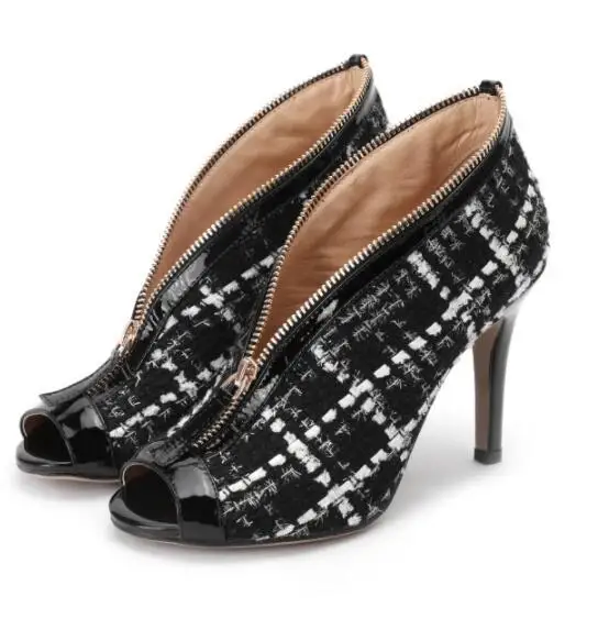 

Dipsloot New Design Women Front V Zipper High Heels Dress Runway Shoes Lady Open Toe Slip-on Sandals Boots Woman Ankle Boots
