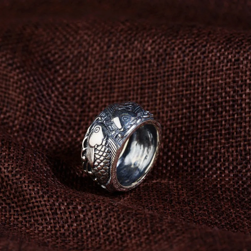 Настоящее чистое 925 пробы Серебряное кольцо Винтаж двойное кольцо в виде рыбы для мужчин перстень быть богаче и богаче Anillo Hombre