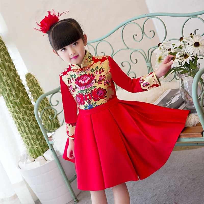 

Children Girls Chinese Qipao Princess Printing Dress Spring Autumn Long Sleeves Red Wedding Birthday Party Dresses For Children