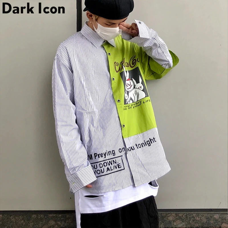 

Dark Icon Striped Patchwork Printed Hip Hop Shirts Long Sleeve Loose Style Men's Shirts Street Hipster Shirts for Men