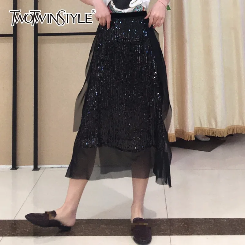 

TWOTWINSTYLE Sequined Skirt Womens High Waist Mesh Ruffles Patchwork Split Midi Skirts 2019 Summer Fashion Large Size Harajuku