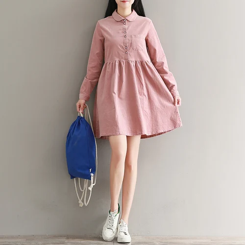 

2019 New Fashion Prairie Style Spring Women Dress Temperament Cotton Peter Pan Collar Long Sleeve High Waist Solid Mini Dresses