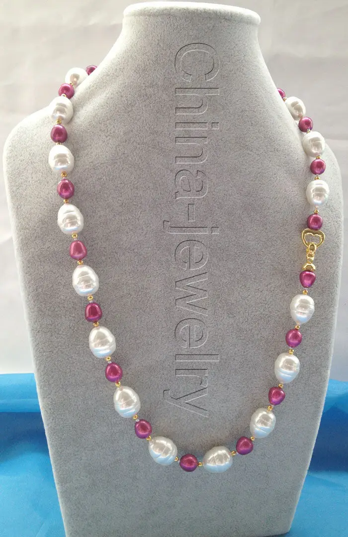 

Hot ! 25" 9-10mm purple red freshwater pearl + 16mm sea shell pearl necklace -GP