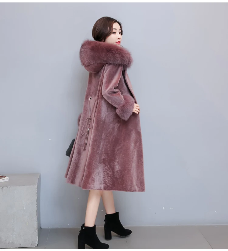 2019 High Quality Elegant For Women Faux Fur Coat  Winter Long Section Haining Fur Coat Hooded Sheep Shearing Coat Female  (5)