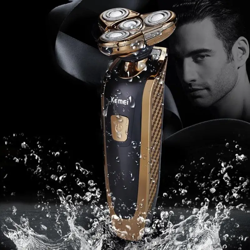 

KM Original 3 in 1 Electric Razor Floating 4 Blade Heads Wireless Rechargeable Gold Man Beard Shaver nose hair trimmer