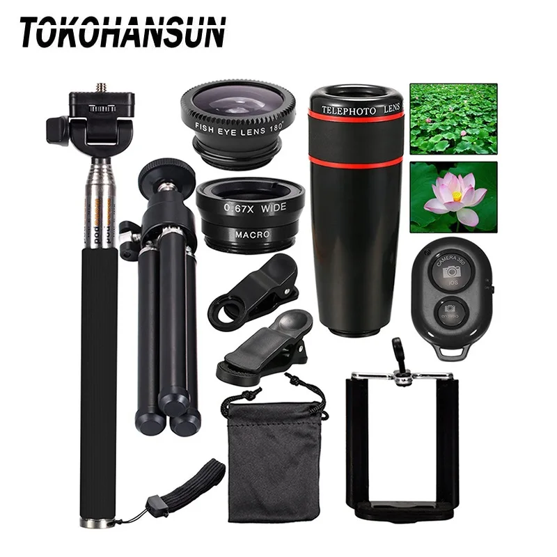 

12X zoom camera 10 in1 Lens Kit General Telefon Lens Binocular Wide-Angle Micro Fisheye smartphone Phone Lens Selfie Stick